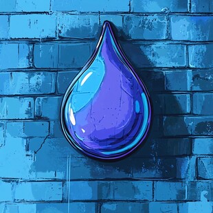 蓝色水滴悬于砖墙之上