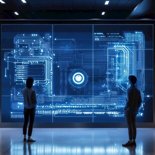 两人凝视科技大屏场景