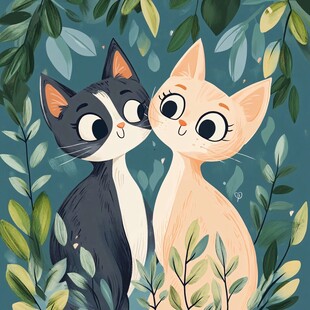 亲昵双猫于绿植间