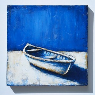 蓝色画布上的孤独小船