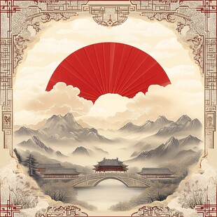 中式山水扇韵古风意境图