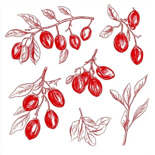 手绘枸杞枝果及叶片插画