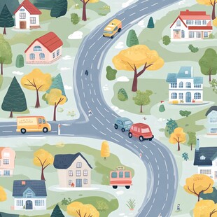 秋日乡村交通与房屋图景