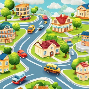 卡通风格的城镇交通景象