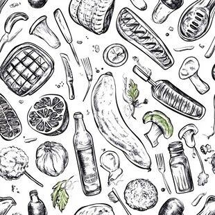 手绘烧烤食材与器具图案