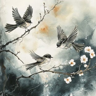 水墨春景中双飞双栖之鸟