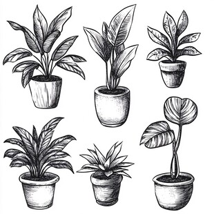 手绘盆栽植物集合插画