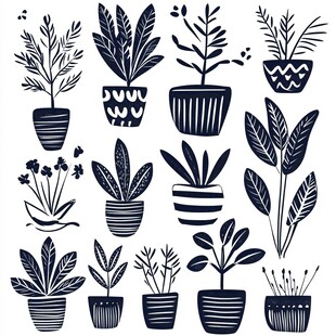手绘盆栽植物图案集合