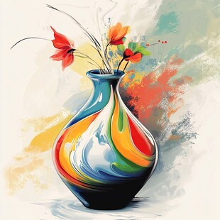 多彩花瓶中的绚丽花卉