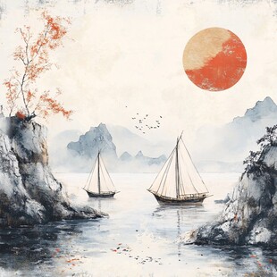 落日扁舟山水间