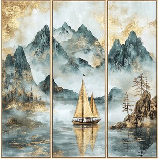 金色山水间的帆船美景