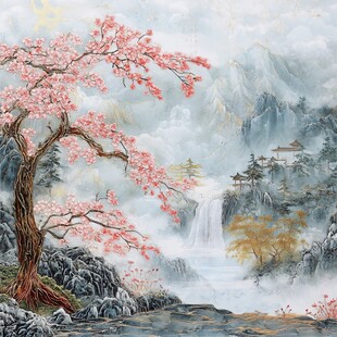 春日山水间的烂漫樱花树