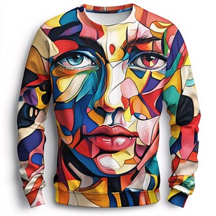 多彩抽象人脸印花长袖卫衣