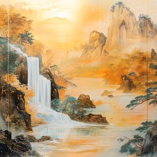 金色山水间的壮丽瀑布景观