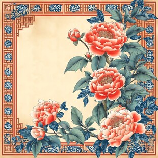 中式牡丹边框古典装饰画