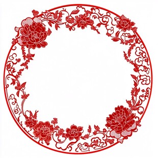 中式红色花卉圆形花边图案