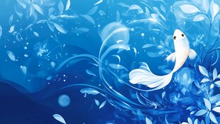 梦幻蓝调水中游弋的锦鲤