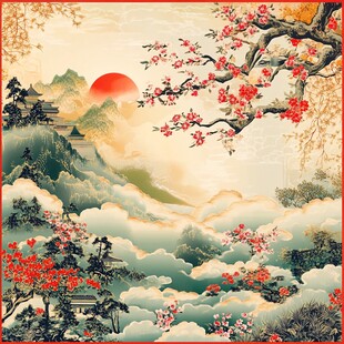 旭日红梅映山水国画意境