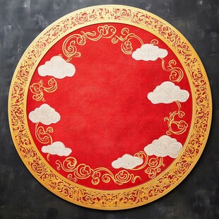 中式红底金纹云饰圆地毯