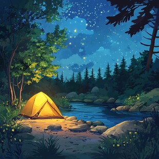 夜宿溪边 梦幻露营场景