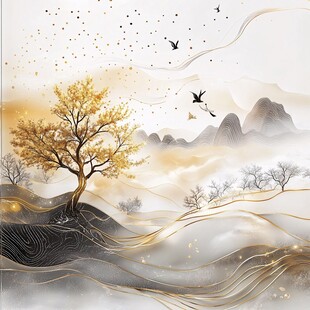 金秋山水飞鸟意境图