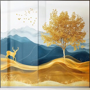 金秋山林麋鹿飞鸟风景图