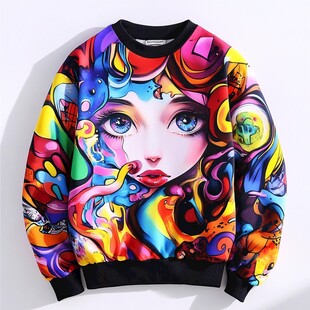 彩色涂鸦风美女图案卫衣