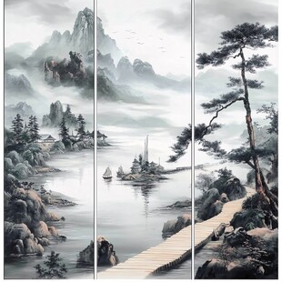 水墨山水三联画意境悠远