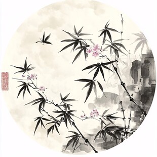 水墨竹韵 添几缕粉花诗意