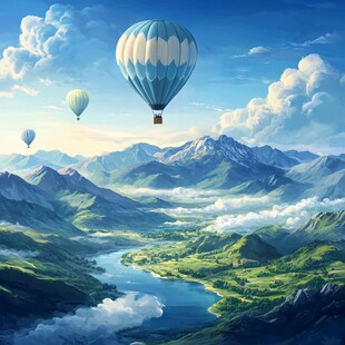 空中览景 热气球与山川湖景