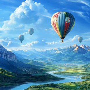 梦幻蓝天热气球飞越山川