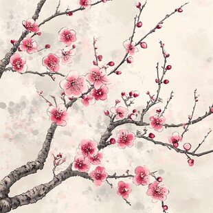 水墨红梅图 典雅中式花卉