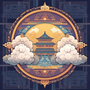 中式古风建筑云月插画