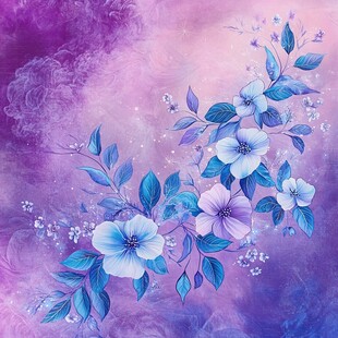 梦幻蓝紫花卉唯美插画