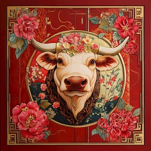 牛年花卉装饰艺术插画