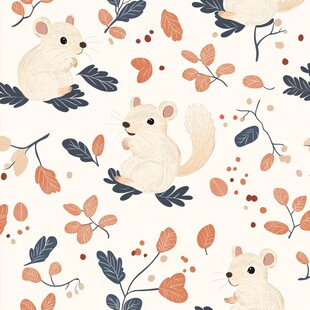 可爱松鼠与枝叶花卉图案