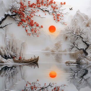 冬日江景图 孤舟红梅映红日