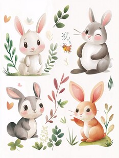 可爱兔子与花草插画集合