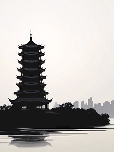 水墨古塔映城市天际线