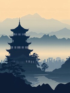 湖畔古楼映远山美景