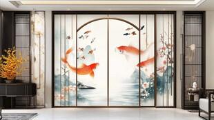 中式锦鲤背景墙室内装饰图