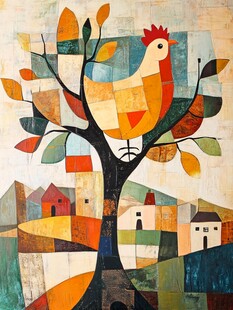 树上的公鸡与多彩村庄