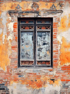 斑驳旧墙中的古朴木窗