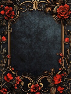 复古红玫瑰黑金花纹边框