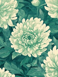 淡绿菊花与叶的精美图案