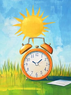 晨光中的闹钟与清新草地