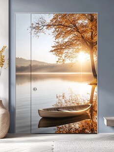 秋日湖畔小船唯美风景图