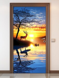 梦幻夕阳下的鹿与湖景