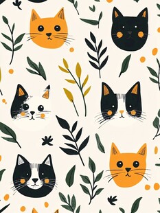 可爱猫咪与绿植图案设计