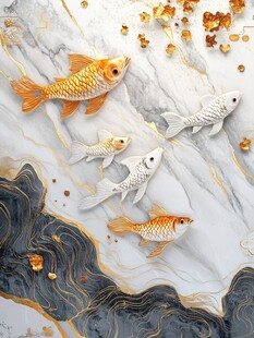 金玉锦鲤跃于水墨山水间